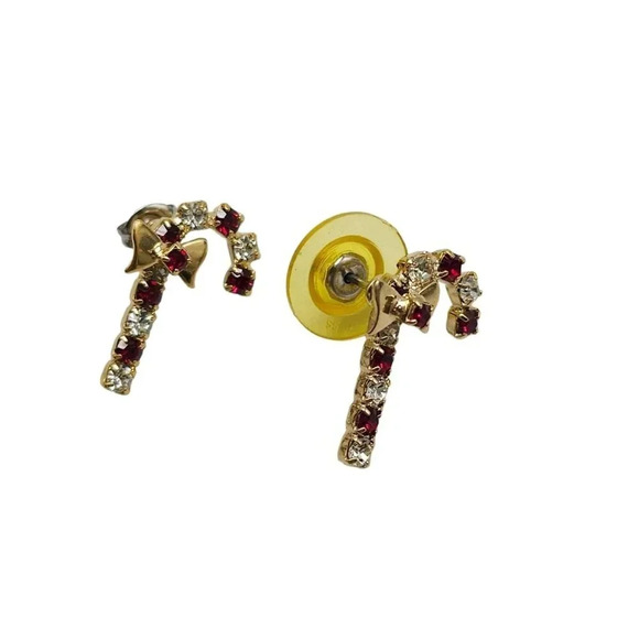 Clear Red Rhinestone Candy Cane Bow Christmas Stud Earrings Gold Tone Vintage - Picture 3 of 4